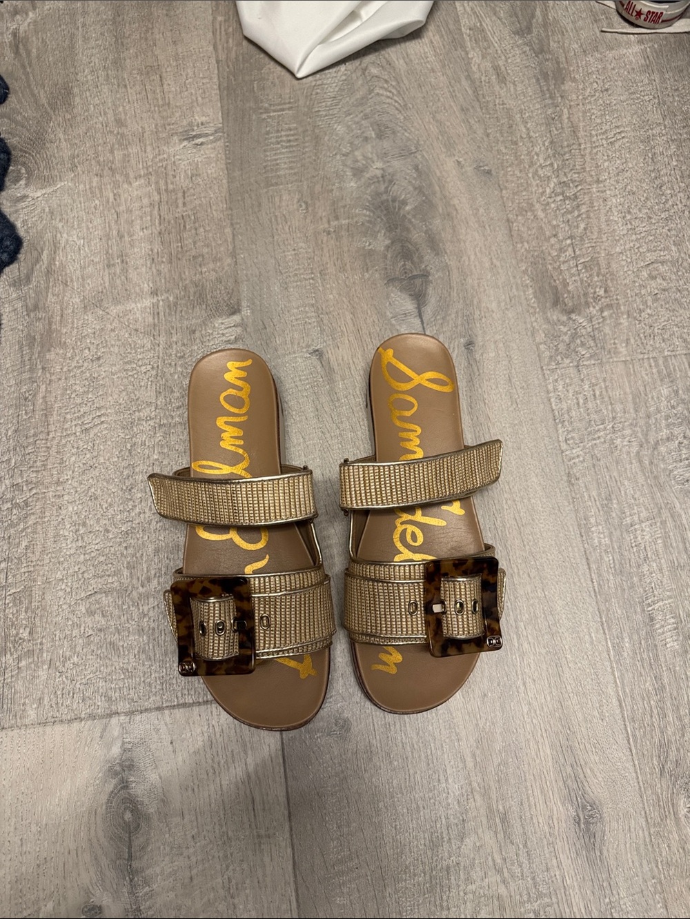 Sam Edelman Gold Tortoiseshell Buckle Slide Sandals